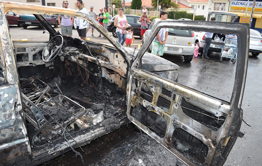 Carro pega fogo em área de supermercado