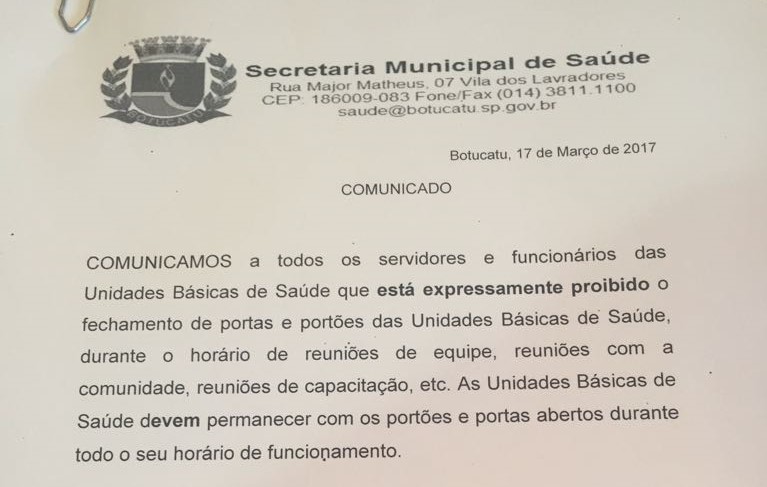 Unidades de Saúde estão proibidas de fechar as portas durante expediente
