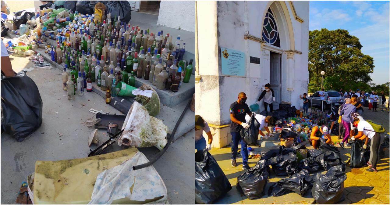 Grupo retira muito lixo em área de proteção ambiental próximo ao Morro de Rubião Jr.