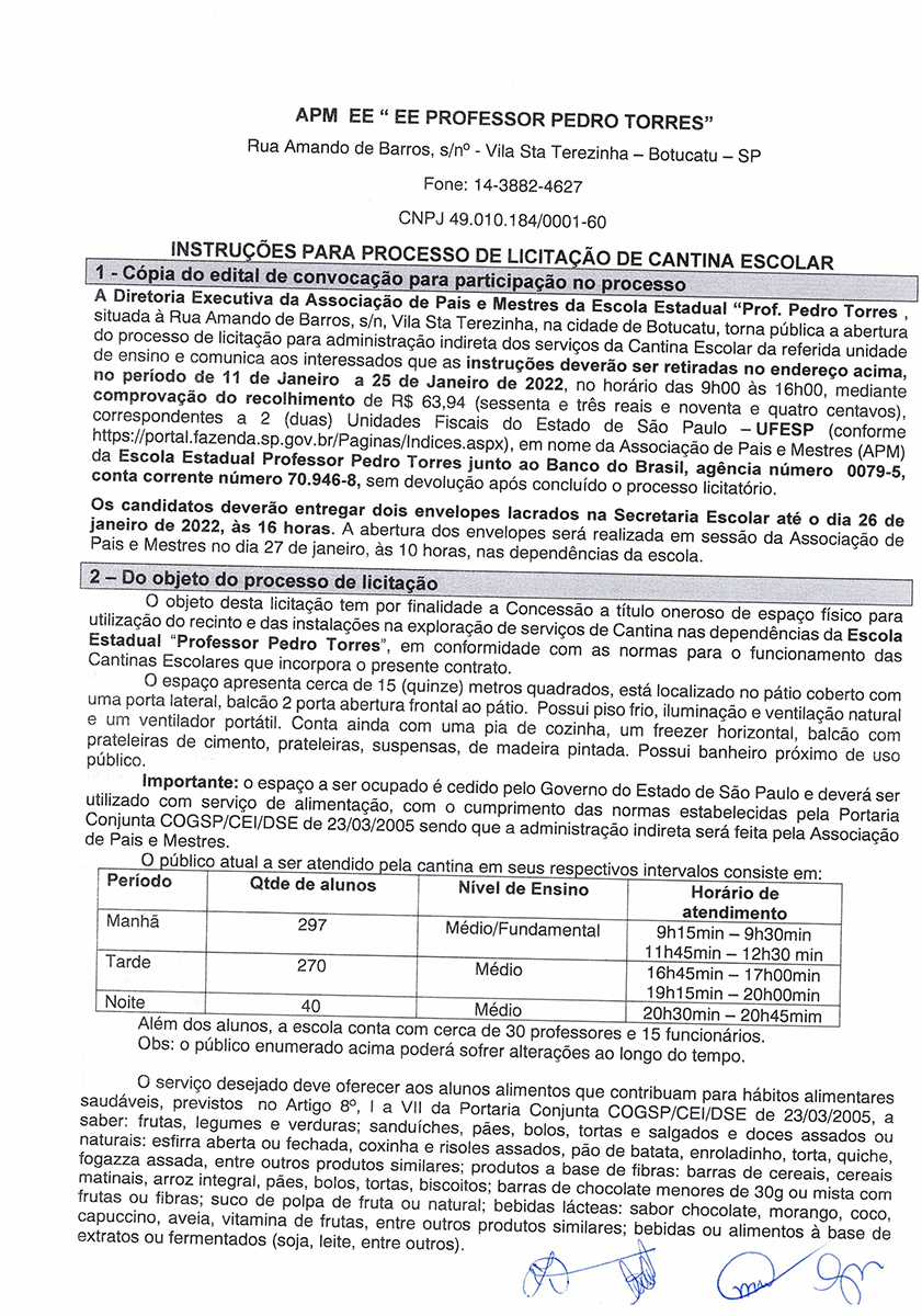 Edital De Licitação Cantina Escolar Escola Pedro Torres Botucatu Jornal Acontece Botucatu 3463