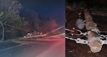 Veículo derruba poste na vicinal Alcides Soares em Botucatu