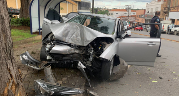 Carro bate violentamente em árvore no centro de Botucatu