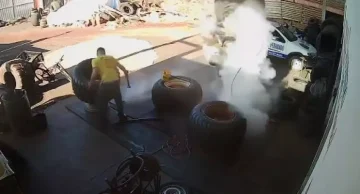 Borracheiro fica ferido após pneu explodir durante calibragem no interior de SP; vídeo