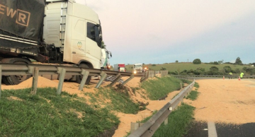 Carreta carregada com milho tomba e interdita trecho da Rondon em Botucatu Carreta carregada com milho tomba e interdita trecho da Rondon em Botucatu