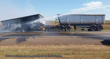 Após pane no freio, carreta com açúcar pega fogo em rodovia de São Manuel