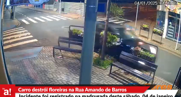 Carro destrói floreiras na Rua Amando de Barros em Botucatu; veja vídeo