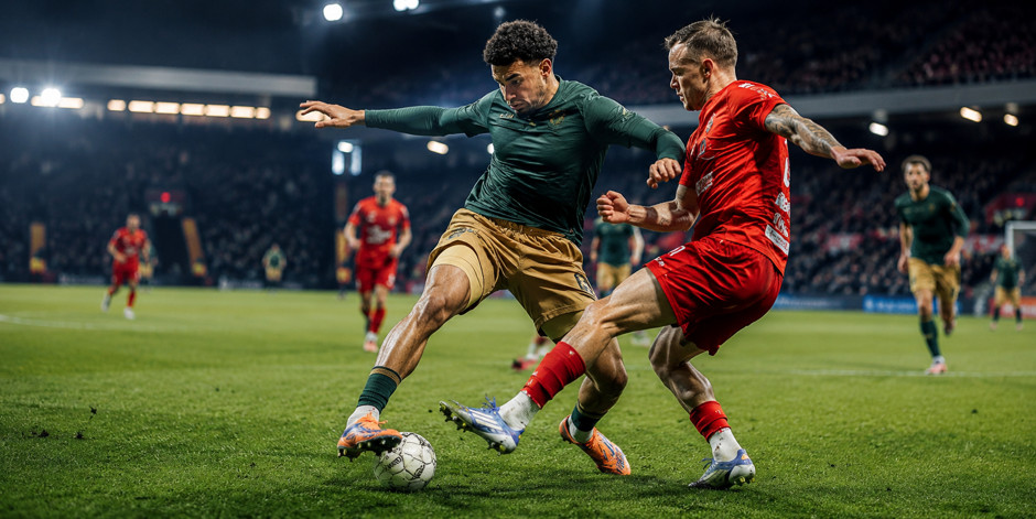 Disputa de bola em jogo de futebol à noite
