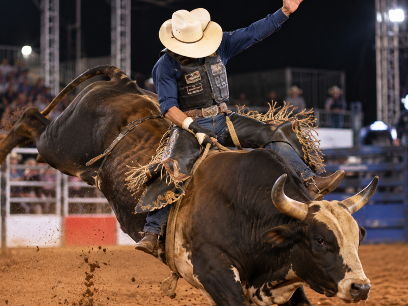 Cowboy em Ação no Rodeio Noturno