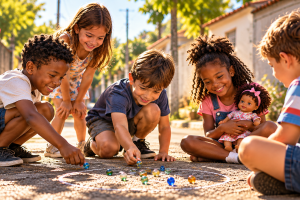 Crianças brincando de bolinhas de gude