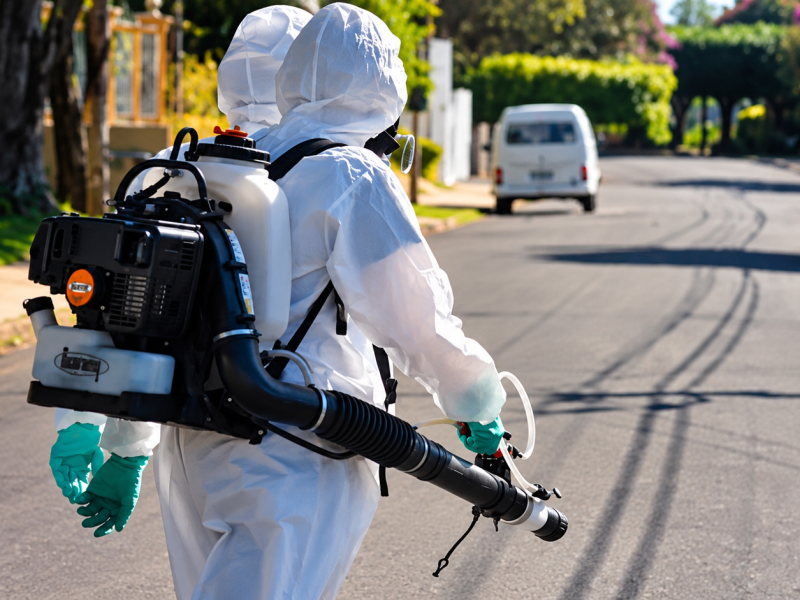 Operador de nebulização em rua ensolarada dengue